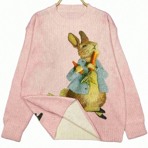 Pink Casual Women's Rabbit Pattern Pullover Long-Sleeved Tops - Picture 3 of 4